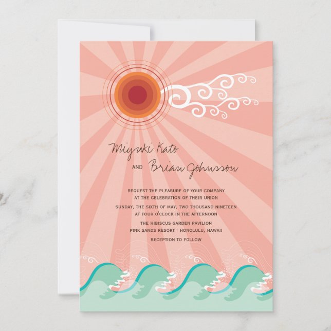 Rosa Sonne und Aqua Blue Waves Sommer Beach Hochze Einladung (Vorderseite)