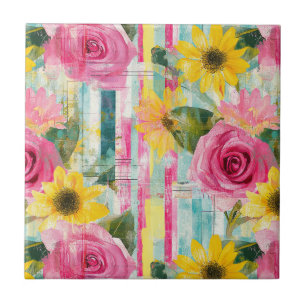 Rosa Sonnenblume Teal Sommer Blumenmuster Fliese