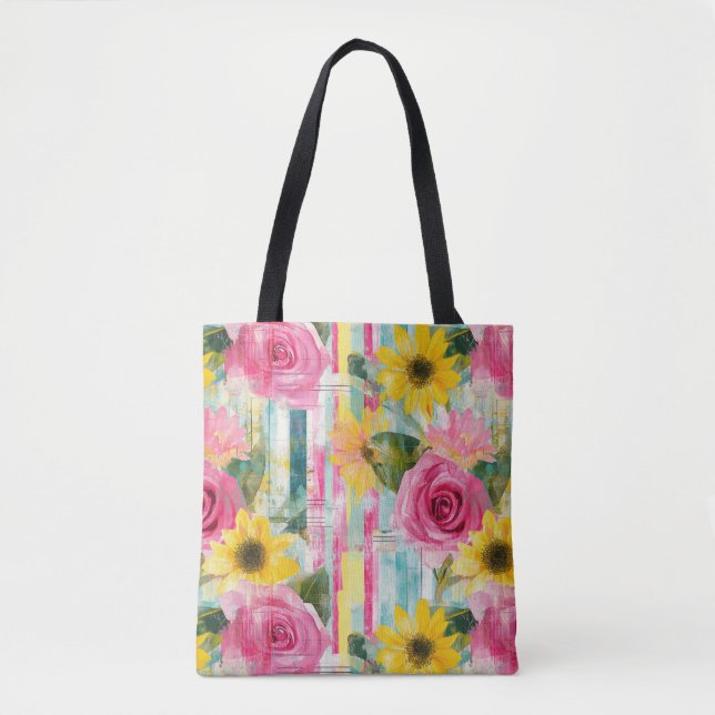 Rosa Sonnenblume Teal Sommer Blumenmuster Tasche (Vorderseite)