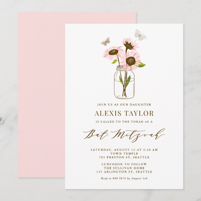 Rosa Sonnenblumen in Mason Jar Sommer Bat Mitzvah Einladung (Vorne/Hinten)