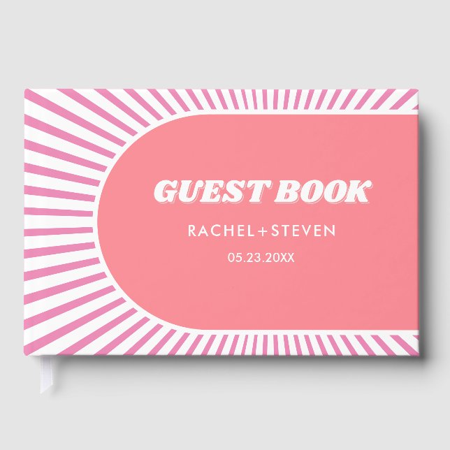 Rosa Sonnenstrahlen Retrosa 70er inspiriert Hochze Gästebuch (Vorderseite)