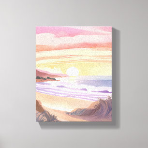 Rosa Sonnenuntergang am Meer Wasserfarbenmalerei Leinwanddruck