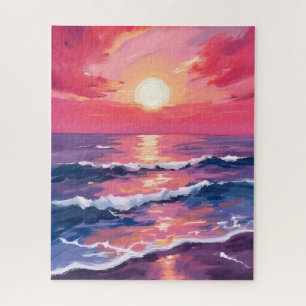 Rosa Sonnenuntergang Lila Ozeanwellen Wasserfarbe