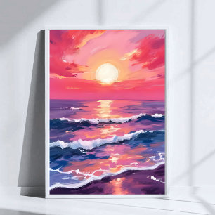 Rosa Sonnenuntergang Lila Ozeanwellen Wasserfarbe Poster