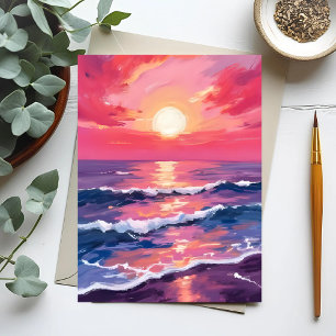 Rosa Sonnenuntergang Lila Ozeanwellen Wasserfarbe Postkarte
