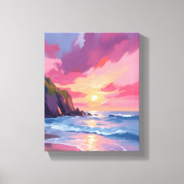 Rosa Sonnenuntergang Ozean Strand Wellen Aquarell Leinwanddruck