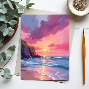 Rosa Sonnenuntergang Ozean Strand Wellen Aquarell Postkarte