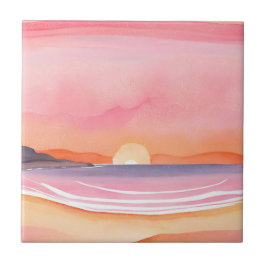 Rosa Sonnenuntergang | Wasserfarben Strand Himmel Fliese