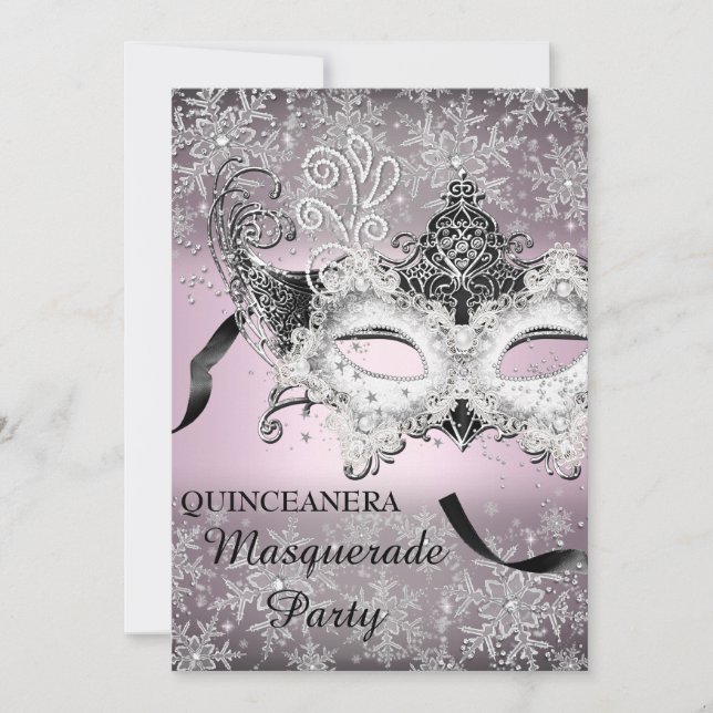 Rosa Sparkasse Snowflake Masquerade Quinceanera Einladung (Vorderseite)