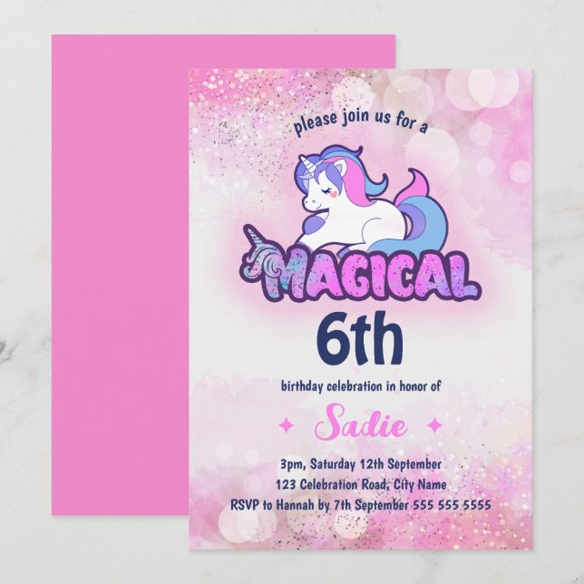 Rosa Sparkle Einhorn Magisch jedes Alter 6. Geburt Einladung (Vorne/Hinten)