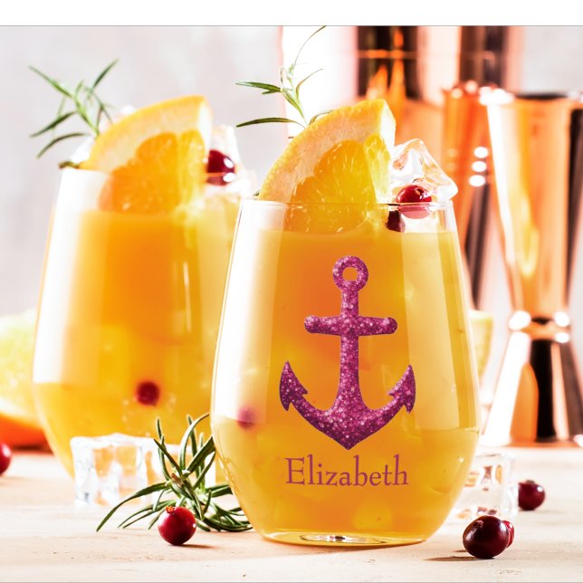 Rosa Sparkle Glitzer Nautical Sailing Name Weinglas Ohne Stiel (Pink Sparkle Nautical Anchor Custom Barware Wine Glass)