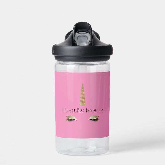 Rosa Sparkle Gold Glam Einhorn Wasser Flasche (Vorne)