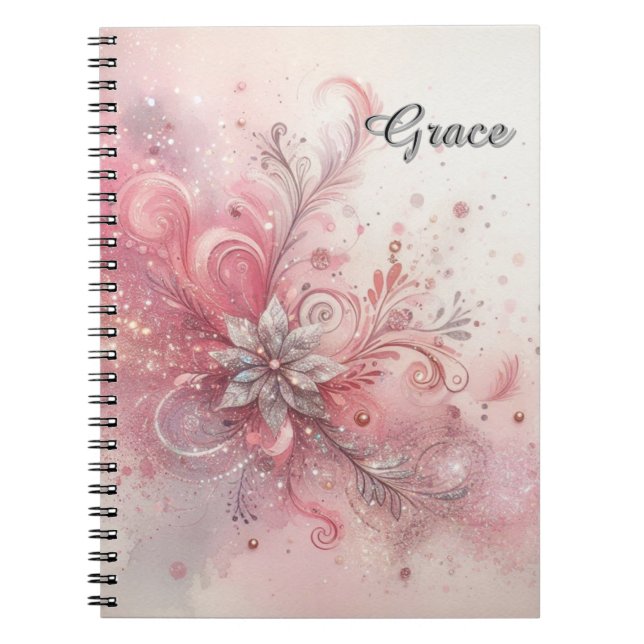 Rosa Sparkle Silver Glitzer Blume Personalisiert Notizblock (Vorderseite)