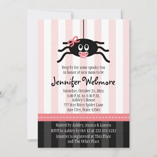 Rosa Spinnen-Halloween-Babyparty-Einladungen Einladung (Vorderseite)