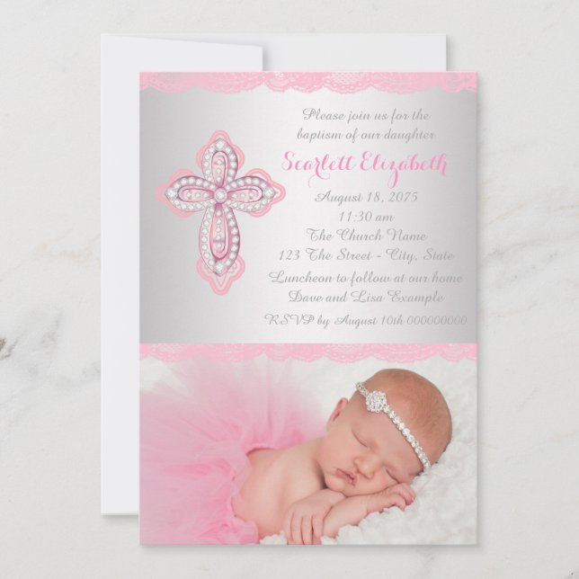 Rosa Spitzen Cross Foto Taufe Christening Einladung (Vorderseite)