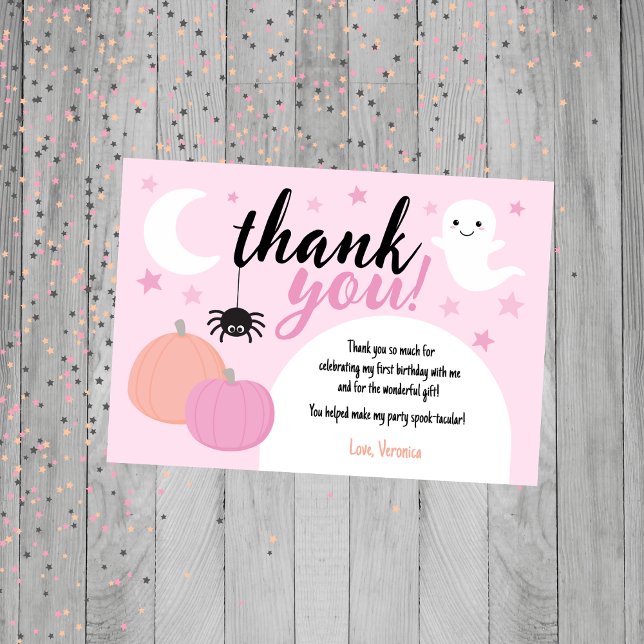 Rosa Spooky ein erster Geburtstag Dankeskarte (Pink Halloween Thank You Card)