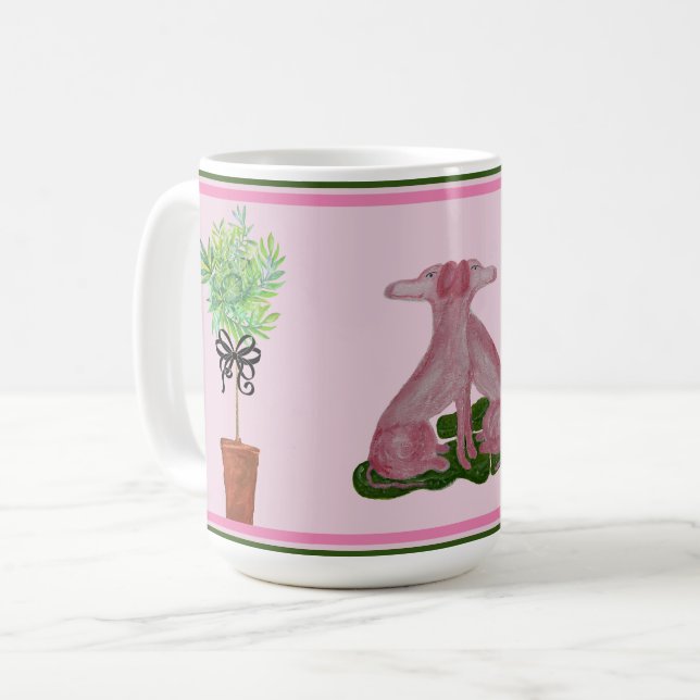 Rosa Staffordshire Hunde Topiary Kaffeetasse (Vorderseite Links)