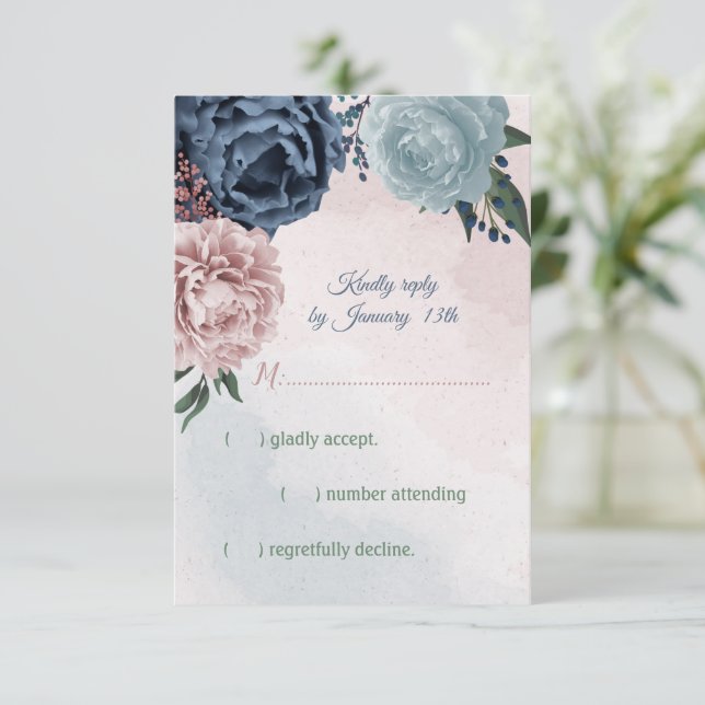 Rosa, staubblaue und marineblaue Blumen RSVP Karte (Stehend Vorderseite)