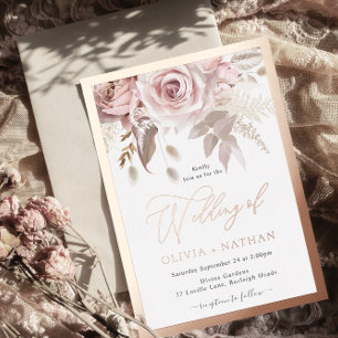 Rosa staubige Röte Eleganz Roségold-Rand Hochzeit Folieneinladung