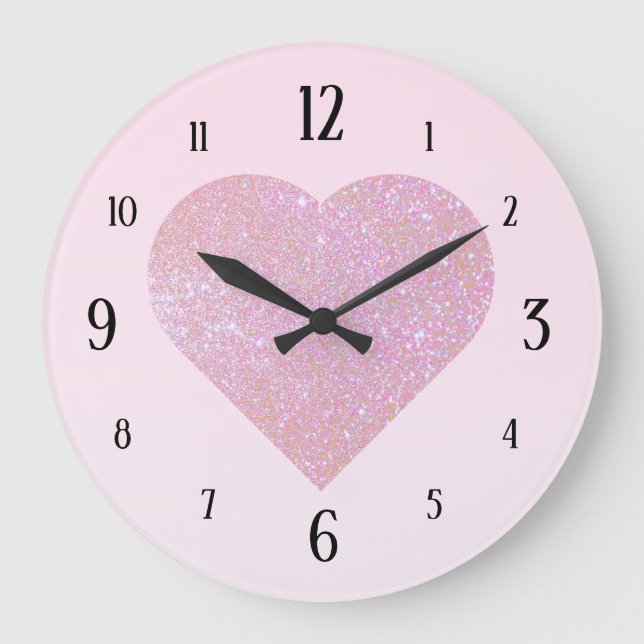 Rosa Steigung mit großem Glitzer-Herzen Große Wanduhr (Vorderseite)