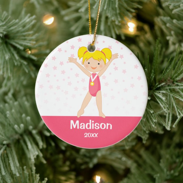 Rosa Sterne Blonde Girl Gymnastik Personalisiert Keramikornament (Baum)