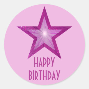 Rosa Sterne Rundaufkleber "Happy Birthday" hellros Runder Aufkleber