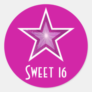 Rosa Sterne "Sweet 16" runde Aufkleber pink