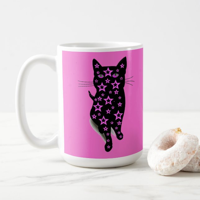 Rosa Sterne und schwarze Katzen Ladypografie Kaffeetasse (Mit Donut)