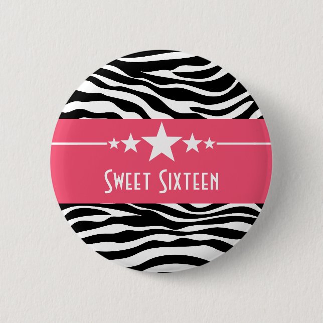 Rosa Sterne Zebra Print Sweet 16 Taste Button (Vorderseite)