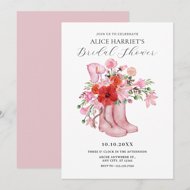 Rosa Stiefel Blume Bouquet Brautparty Einladung (Vorne/Hinten)