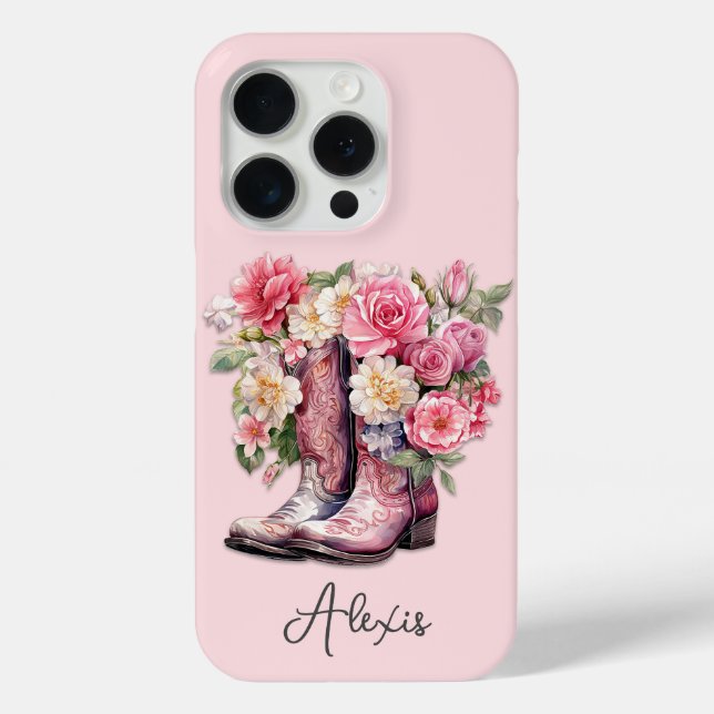 Rosa Stiefel mit Blumen Monogramm Case-Mate iPhone Hülle (Rückseite)