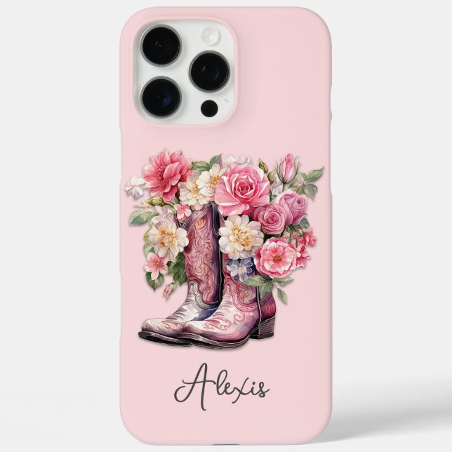 Rosa Stiefel mit Blumen Monogramm iPhone 16 Pro Max Hülle (Rückseite)