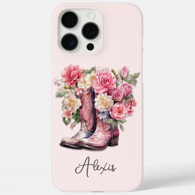 Rosa Stiefel mit Blumen Monogramm iPhone 16 Pro Max Hülle (Rückseite)