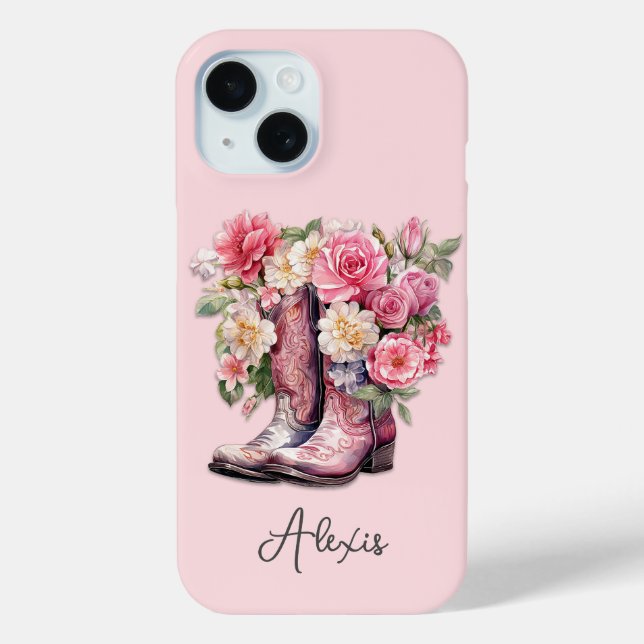 Rosa Stiefel mit Blumen monogrammiert Case-Mate iPhone Hülle (Rückseite)