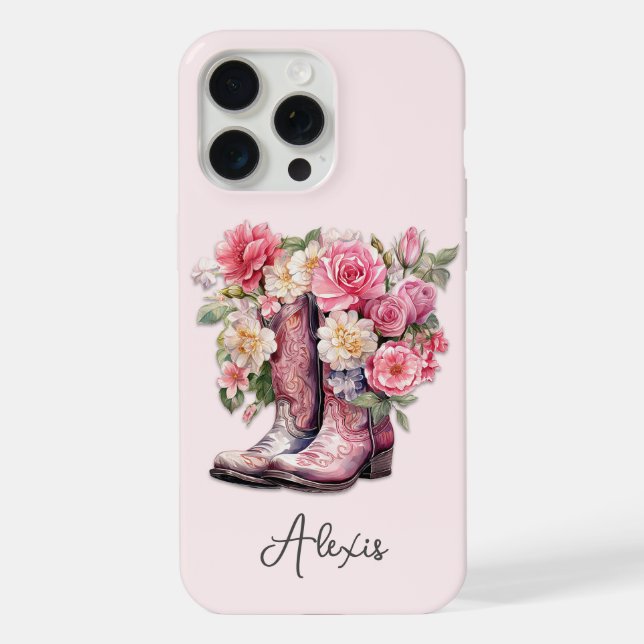 Rosa Stiefel mit Blumen monogrammiert iPhone 15 Pro Max Hülle (Rückseite)