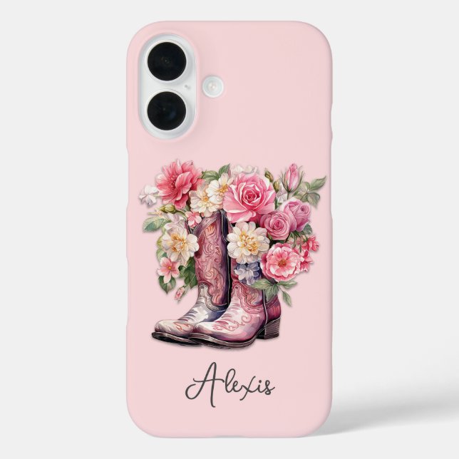 Rosa Stiefel mit Blumen monogrammiert iPhone 16 Hülle (Rückseite)