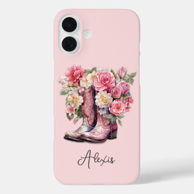 Rosa Stiefel mit Blumen monogrammiert iPhone 16 Plus Hülle (Rückseite)