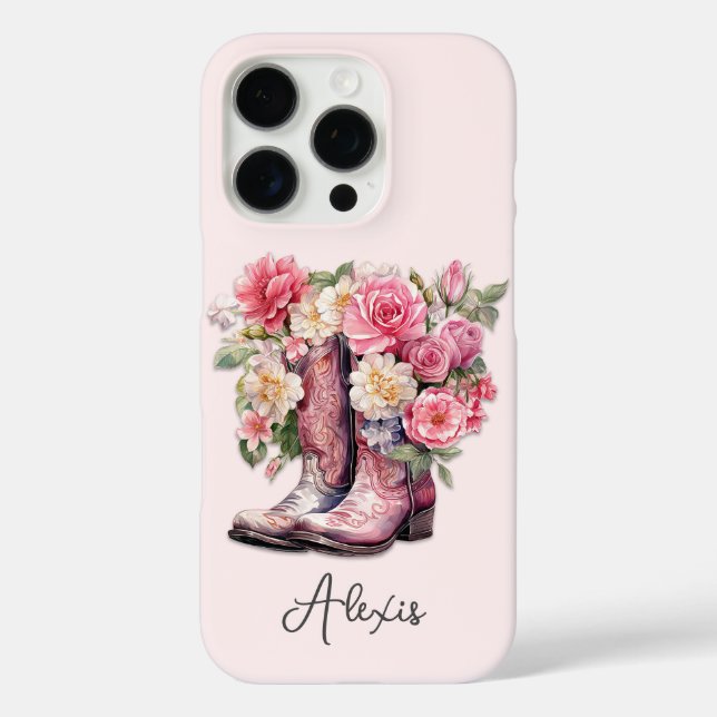 Rosa Stiefel mit Blumen monogrammiert iPhone 16 Pro Hülle (Rückseite)
