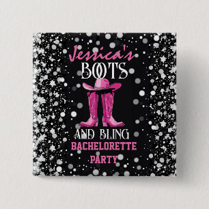 Rosa Stiefel und Bling-Junggeselinnen-Abschied Button