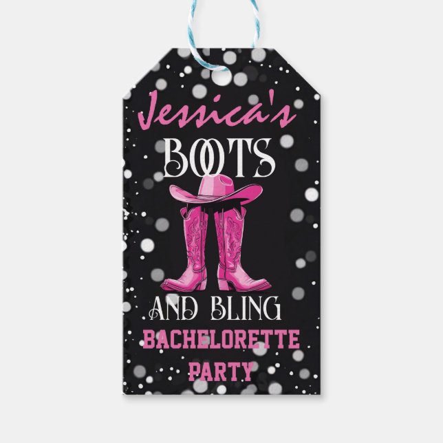 Rosa Stiefel und Bling-Junggeselinnen-Abschied Geschenkanhänger (Vorderseite)