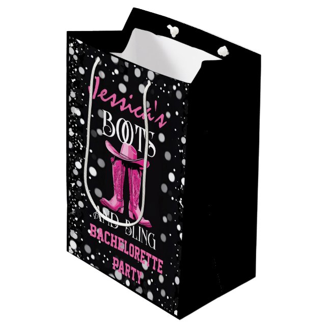 Rosa Stiefel und Bling-Junggeselinnen-Abschied Mittlere Geschenktüte (Vorderseite Schrägansicht)