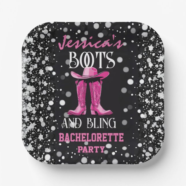 Rosa Stiefel und Bling-Junggeselinnen-Abschied Pappteller (Vorderseite)