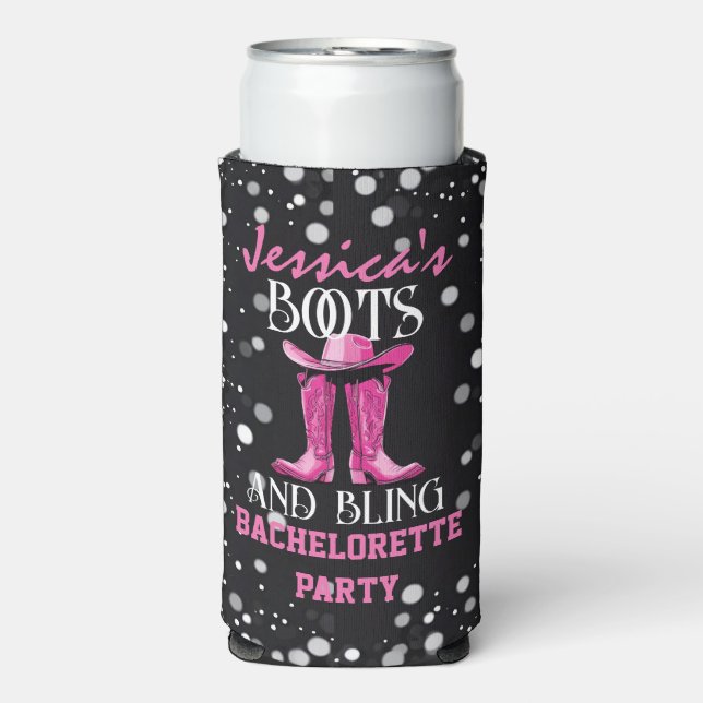 Rosa Stiefel und Bling-Junggeselinnen-Abschied Selters Dosenkühler (Seltzer Vorderseite)