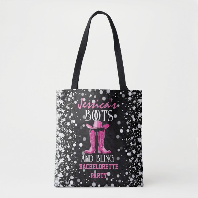 Rosa Stiefel und Bling-Junggeselinnen-Abschied Tasche (Vorderseite)