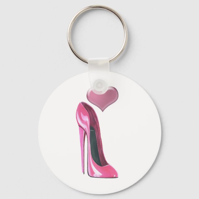Rosa Stiletto High Heel Schuh und Herz Schlüsselanhänger (Vorderseite)