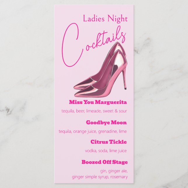Rosa Stilettos Ladys Night Cocktail Party Menükarte (Vorderseite)