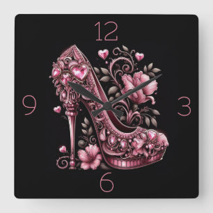 Rosa Stilettos mit Herz und Blume Quadratische Wanduhr