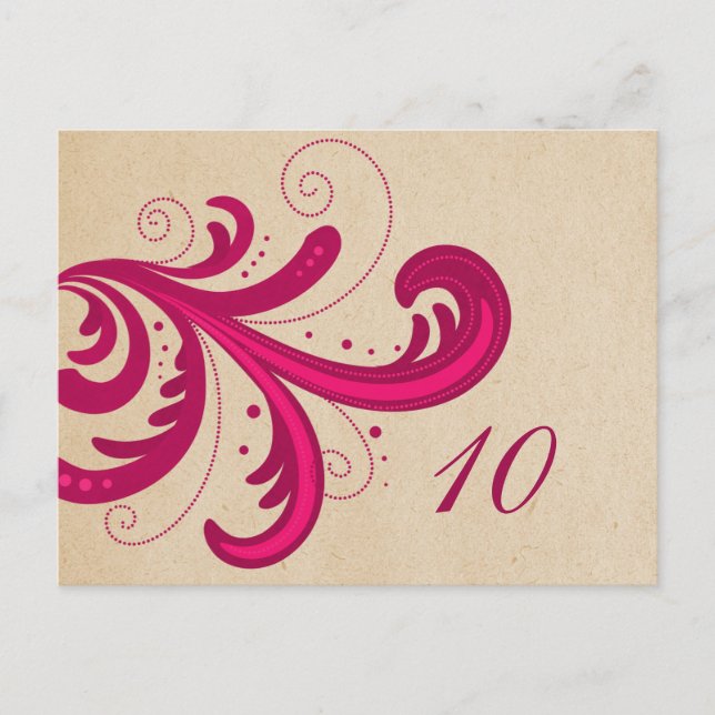 Rosa Stilvolle Wirbel Tischnummer Postkarte (Vorderseite)
