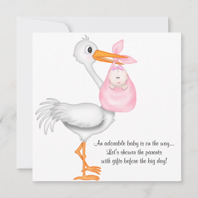 Rosa Storch-Babyparty-Einladungs-Baby Einladung (Vorderseite)