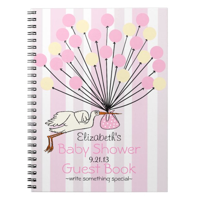 Rosa Storch mit Ballon-Babyparty-Gast-Buch Notizblock (Vorderseite)